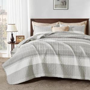 imageAndency Queen Quilt Bedding Set Beige 3 Pieces Patchwork Beige Striped Ultra Soft Lightweight Bedspreads Coverlets Set with 2 Pillow Shams for All Seasons 90quotx96quot20  Linen Grey