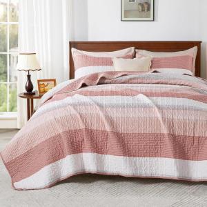 imageAndency Queen Quilt Bedding Set Beige 3 Pieces Patchwork Beige Striped Ultra Soft Lightweight Bedspreads Coverlets Set with 2 Pillow Shams for All Seasons 90quotx96quot23  Blush Pink