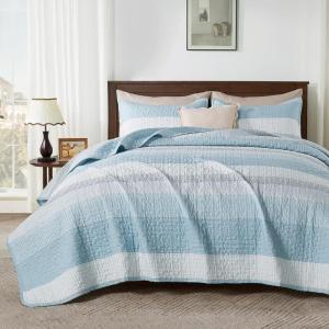 imageAndency Queen Quilt Bedding Set Beige 3 Pieces Patchwork Beige Striped Ultra Soft Lightweight Bedspreads Coverlets Set with 2 Pillow Shams for All Seasons 90quotx96quot21  Aqua Blue