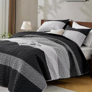 imageAndency Queen Quilt Bedding Set Beige 3 Pieces Patchwork Beige Striped Ultra Soft Lightweight Bedspreads Coverlets Set with 2 Pillow Shams for All Seasons 90quotx96quot02  Black and White