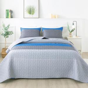 imageAndency Queen Quilt Bedding Set Beige 3 Pieces Patchwork Beige Striped Ultra Soft Lightweight Bedspreads Coverlets Set with 2 Pillow Shams for All Seasons 90quotx96quot07  Gray Blue