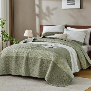 imageAndency Queen Quilt Bedding Set Beige 3 Pieces Patchwork Beige Striped Ultra Soft Lightweight Bedspreads Coverlets Set with 2 Pillow Shams for All Seasons 90quotx96quot37  Wheat Green