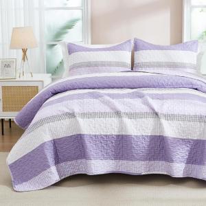 imageAndency Queen Quilt Bedding Set Beige 3 Pieces Patchwork Beige Striped Ultra Soft Lightweight Bedspreads Coverlets Set with 2 Pillow Shams for All Seasons 90quotx96quot15  Lavender