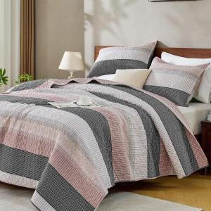 imageAndency Queen Quilt Bedding Set Beige 3 Pieces Patchwork Beige Striped Ultra Soft Lightweight Bedspreads Coverlets Set with 2 Pillow Shams for All Seasons 90quotx96quot38  Grey Pink
