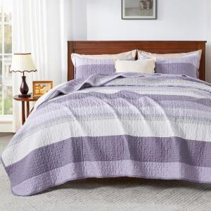 imageAndency Queen Quilt Bedding Set Beige 3 Pieces Patchwork Beige Striped Ultra Soft Lightweight Bedspreads Coverlets Set with 2 Pillow Shams for All Seasons 90quotx96quot22  Grayish Purple