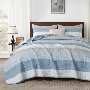 imageAndency Queen Quilt Bedding Set Beige 3 Pieces Patchwork Beige Striped Ultra Soft Lightweight Bedspreads Coverlets Set with 2 Pillow Shams for All Seasons 90quotx96quot31  Misty Blue