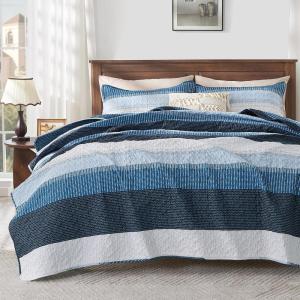 imageAndency Queen Quilt Bedding Set Beige 3 Pieces Patchwork Beige Striped Ultra Soft Lightweight Bedspreads Coverlets Set with 2 Pillow Shams for All Seasons 90quotx96quot06  Navy Blue