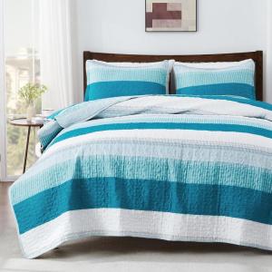 imageAndency Queen Quilt Bedding Set Beige 3 Pieces Patchwork Beige Striped Ultra Soft Lightweight Bedspreads Coverlets Set with 2 Pillow Shams for All Seasons 90quotx96quot04  Teal White