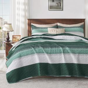 imageAndency Queen Quilt Bedding Set Beige 3 Pieces Patchwork Beige Striped Ultra Soft Lightweight Bedspreads Coverlets Set with 2 Pillow Shams for All Seasons 90quotx96quot09  Emerald Green
