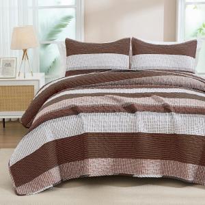 imageAndency Queen Quilt Bedding Set Beige 3 Pieces Patchwork Beige Striped Ultra Soft Lightweight Bedspreads Coverlets Set with 2 Pillow Shams for All Seasons 90quotx96quot14  Brown