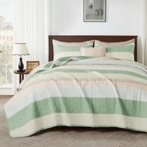imageAndency Queen Quilt Bedding Set Beige 3 Pieces Patchwork Beige Striped Ultra Soft Lightweight Bedspreads Coverlets Set with 2 Pillow Shams for All Seasons 90quotx96quot36  Mint Pink