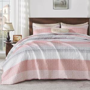 imageAndency Queen Quilt Bedding Set Beige 3 Pieces Patchwork Beige Striped Ultra Soft Lightweight Bedspreads Coverlets Set with 2 Pillow Shams for All Seasons 90quotx96quot13  Pink