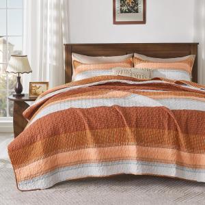 imageAndency Queen Quilt Bedding Set Beige 3 Pieces Patchwork Beige Striped Ultra Soft Lightweight Bedspreads Coverlets Set with 2 Pillow Shams for All Seasons 90quotx96quot10  Orange