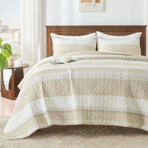 imageAndency Queen Quilt Bedding Set Beige 3 Pieces Patchwork Beige Striped Ultra Soft Lightweight Bedspreads Coverlets Set with 2 Pillow Shams for All Seasons 90quotx96quot05  Beige