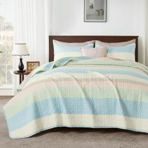 imageAndency Queen Quilt Bedding Set Beige 3 Pieces Patchwork Beige Striped Ultra Soft Lightweight Bedspreads Coverlets Set with 2 Pillow Shams for All Seasons 90quotx96quot35  Blue Pink