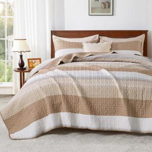 imageAndency Queen Quilt Bedding Set Beige 3 Pieces Patchwork Beige Striped Ultra Soft Lightweight Bedspreads Coverlets Set with 2 Pillow Shams for All Seasons 90quotx96quot12  Taupe