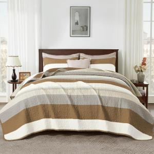 imageAndency Queen Quilt Bedding Set Beige 3 Pieces Patchwork Beige Striped Ultra Soft Lightweight Bedspreads Coverlets Set with 2 Pillow Shams for All Seasons 90quotx96quot34  Caramel