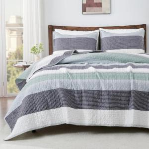 imageAndency Queen Quilt Bedding Set Beige 3 Pieces Patchwork Beige Striped Ultra Soft Lightweight Bedspreads Coverlets Set with 2 Pillow Shams for All Seasons 90quotx96quot01  Sage Green