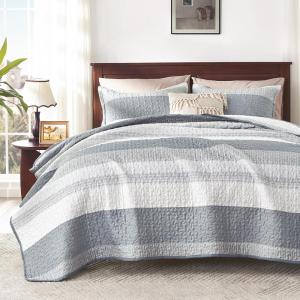 imageAndency Queen Quilt Bedding Set Beige 3 Pieces Patchwork Beige Striped Ultra Soft Lightweight Bedspreads Coverlets Set with 2 Pillow Shams for All Seasons 90quotx96quot03  Grey