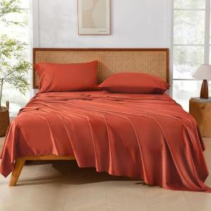 imageAndency Queen Sheets Set 100 Viscose Derived from Bamboo Cooling Summer Bed Sheets Queen Size Deep Pocket Up to 16quot Silky Soft Sheets Hotel Bedding Sheets ampamp Pillowcases Dark Emerald GreenOrange