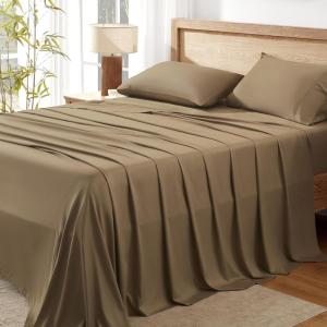 imageAndency Queen Sheets Set 100 Viscose Derived from Bamboo Cooling Summer Bed Sheets Queen Size Deep Pocket Up to 16quot Silky Soft Sheets Hotel Bedding Sheets ampamp Pillowcases Dark Emerald GreenTaupe