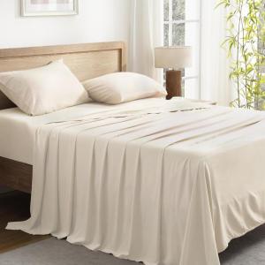 imageAndency Queen Sheets Set 100 Viscose Derived from Bamboo Cooling Summer Bed Sheets Queen Size Deep Pocket Up to 16quot Silky Soft Sheets Hotel Bedding Sheets ampamp Pillowcases Dark Emerald GreenBeige