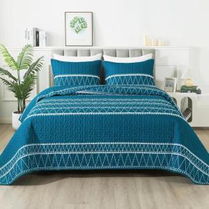 imageAndency Quilt King Size Set Grey 106x96 Inch 3 Pieces1 Striped Boho Printed Quilt and 2 Pillowcases Bohemian Summer Lightweight Reversible Microfiber Bedspread Coverlet Sets05  Teal  Printed Pattern
