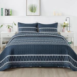 imageAndency Quilt King Size Set Grey 106x96 Inch 3 Pieces1 Striped Boho Printed Quilt and 2 Pillowcases Bohemian Summer Lightweight Reversible Microfiber Bedspread Coverlet Sets02  Navy  Printed Pattern