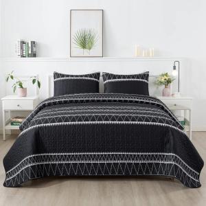 imageAndency Quilt King Size Set Grey 106x96 Inch 3 Pieces1 Striped Boho Printed Quilt and 2 Pillowcases Bohemian Summer Lightweight Reversible Microfiber Bedspread Coverlet Sets04  Black  Printed Pattern