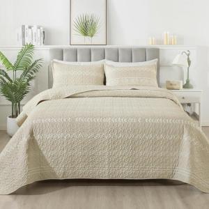 imageAndency Quilt King Size Set Grey 106x96 Inch 3 Pieces1 Striped Boho Printed Quilt and 2 Pillowcases Bohemian Summer Lightweight Reversible Microfiber Bedspread Coverlet SetsBeige  Printed Pattern