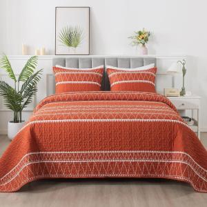 imageAndency Quilt King Size Set Grey 106x96 Inch 3 Pieces1 Striped Boho Printed Quilt and 2 Pillowcases Bohemian Summer Lightweight Reversible Microfiber Bedspread Coverlet Sets06  Orange  Printed Pattern