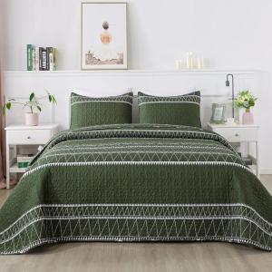 imageAndency Quilt King Size Set Grey 106x96 Inch 3 Pieces1 Striped Boho Printed Quilt and 2 Pillowcases Bohemian Summer Lightweight Reversible Microfiber Bedspread Coverlet Sets05  Green  Printed Pattern