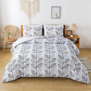 imageAndency White Leaves Print Comforter Set Queen Size 90x90 Inch 3 Pieces Lightweight Soft Microfiber Bedding Comforter Sets Aesthetic Cute Bed Set for All Season