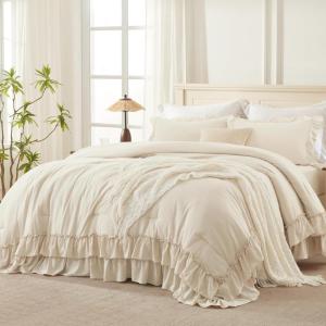 imageAndency White Ruffle Comforter Full Set 3pcs Vintage Farmhouse Shabby Chic Bedding Comforter Set Soft Lightweight Fluffy Bed Comforter Sets All Season Bedding SetBeige