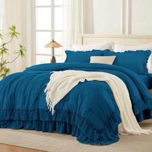imageAndency White Ruffle Comforter Full Set 3pcs Vintage Farmhouse Shabby Chic Bedding Comforter Set Soft Lightweight Fluffy Bed Comforter Sets All Season Bedding SetTeal