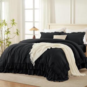 imageAndency White Ruffle Comforter Full Set 3pcs Vintage Farmhouse Shabby Chic Bedding Comforter Set Soft Lightweight Fluffy Bed Comforter Sets All Season Bedding SetBlack