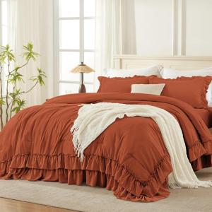 imageAndency White Ruffle Comforter Full Set 3pcs Vintage Farmhouse Shabby Chic Bedding Comforter Set Soft Lightweight Fluffy Bed Comforter Sets All Season Bedding SetTerracotta
