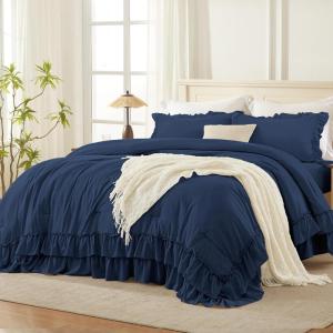 imageAndency White Ruffle Comforter Full Set 3pcs Vintage Farmhouse Shabby Chic Bedding Comforter Set Soft Lightweight Fluffy Bed Comforter Sets All Season Bedding SetNavy