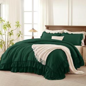 imageAndency White Ruffle Comforter Full Set 3pcs Vintage Farmhouse Shabby Chic Bedding Comforter Set Soft Lightweight Fluffy Bed Comforter Sets All Season Bedding SetDark Green