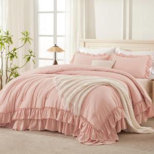imageAndency White Ruffle Comforter Full Set 3pcs Vintage Farmhouse Shabby Chic Bedding Comforter Set Soft Lightweight Fluffy Bed Comforter Sets All Season Bedding SetBlush