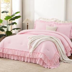 imageAndency White Ruffle Comforter Full Set 3pcs Vintage Farmhouse Shabby Chic Bedding Comforter Set Soft Lightweight Fluffy Bed Comforter Sets All Season Bedding SetPink