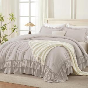 imageAndency White Ruffle Comforter Full Set 3pcs Vintage Farmhouse Shabby Chic Bedding Comforter Set Soft Lightweight Fluffy Bed Comforter Sets All Season Bedding SetLinen