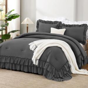 imageAndency White Ruffle Comforter Full Set 3pcs Vintage Farmhouse Shabby Chic Bedding Comforter Set Soft Lightweight Fluffy Bed Comforter Sets All Season Bedding SetDark Grey