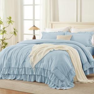 imageAndency White Ruffle Comforter Full Set 3pcs Vintage Farmhouse Shabby Chic Bedding Comforter Set Soft Lightweight Fluffy Bed Comforter Sets All Season Bedding SetLight Blue