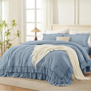 imageAndency White Ruffle Comforter Full Set 3pcs Vintage Farmhouse Shabby Chic Bedding Comforter Set Soft Lightweight Fluffy Bed Comforter Sets All Season Bedding SetGrayish Blue
