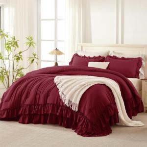 imageAndency White Ruffle Comforter Full Set 3pcs Vintage Farmhouse Shabby Chic Bedding Comforter Set Soft Lightweight Fluffy Bed Comforter Sets All Season Bedding SetBurgundy