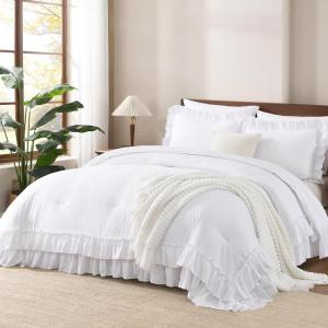 imageAndency White Ruffle Comforter Full Set 3pcs Vintage Farmhouse Shabby Chic Bedding Comforter Set Soft Lightweight Fluffy Bed Comforter Sets All Season Bedding SetWhite