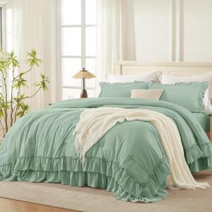 imageAndency White Ruffle Comforter Full Set 3pcs Vintage Farmhouse Shabby Chic Bedding Comforter Set Soft Lightweight Fluffy Bed Comforter Sets All Season Bedding SetSage