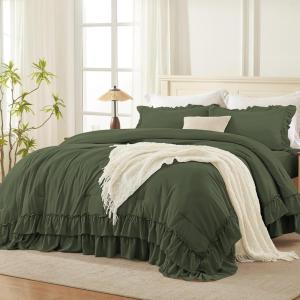 imageAndency White Ruffle Comforter Full Set 3pcs Vintage Farmhouse Shabby Chic Bedding Comforter Set Soft Lightweight Fluffy Bed Comforter Sets All Season Bedding SetOlive