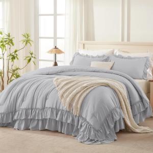 imageAndency White Ruffle Comforter Full Set 3pcs Vintage Farmhouse Shabby Chic Bedding Comforter Set Soft Lightweight Fluffy Bed Comforter Sets All Season Bedding SetLight Gray